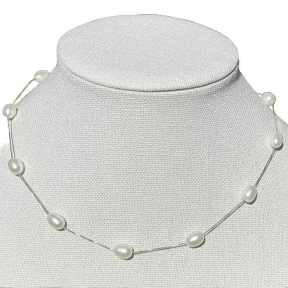 925 Sterling Silver Genuine Cultured White‎ Freshwater Pearls Necklace 17.7in